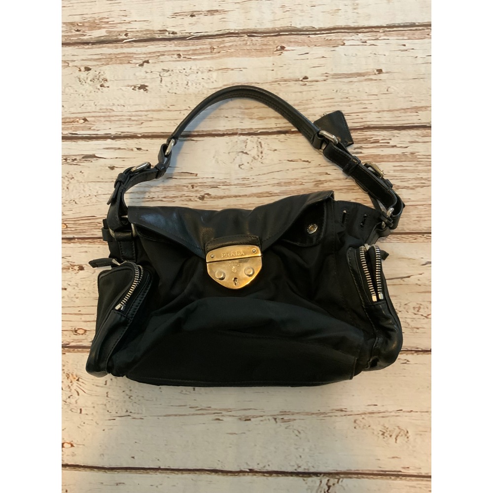 Prada Tessuto Nylon and Leather Shoulder Bag Black Gold Hardware Pocket Hobo